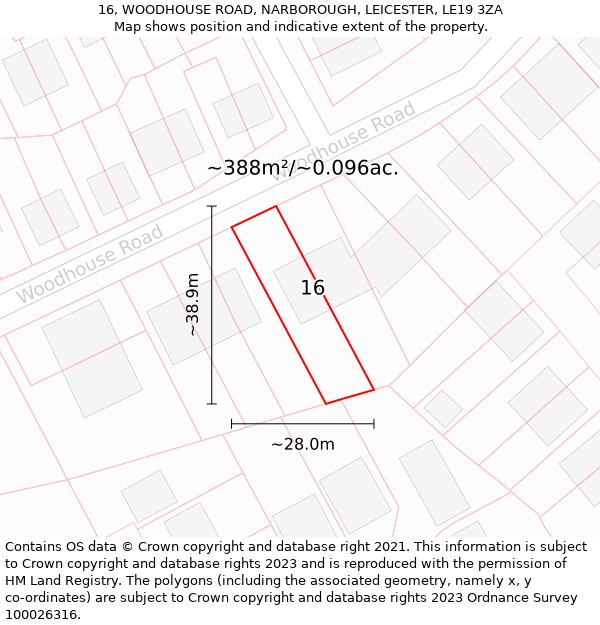 16, WOODHOUSE ROAD, NARBOROUGH, LEICESTER, LE19 3ZA: Plot and title map