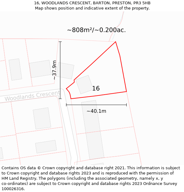 16, WOODLANDS CRESCENT, BARTON, PRESTON, PR3 5HB: Plot and title map