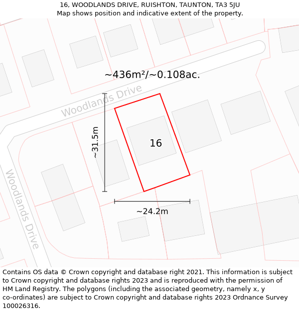 16, WOODLANDS DRIVE, RUISHTON, TAUNTON, TA3 5JU: Plot and title map