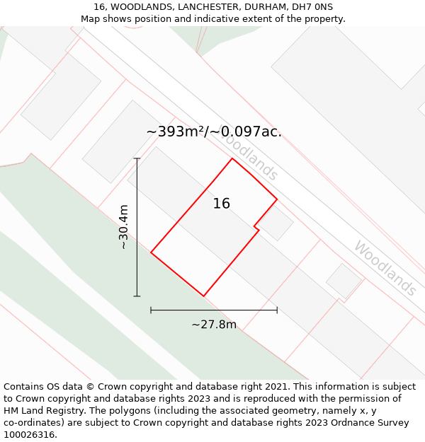 16, WOODLANDS, LANCHESTER, DURHAM, DH7 0NS: Plot and title map