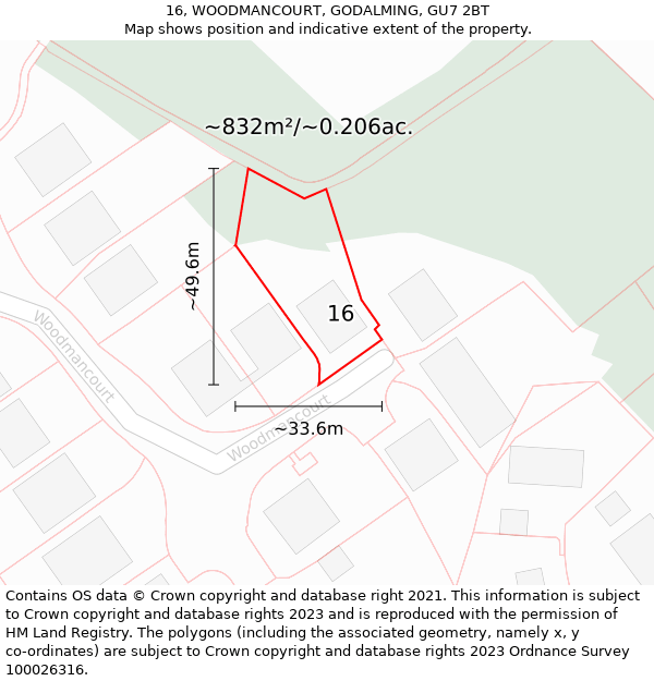 16, WOODMANCOURT, GODALMING, GU7 2BT: Plot and title map