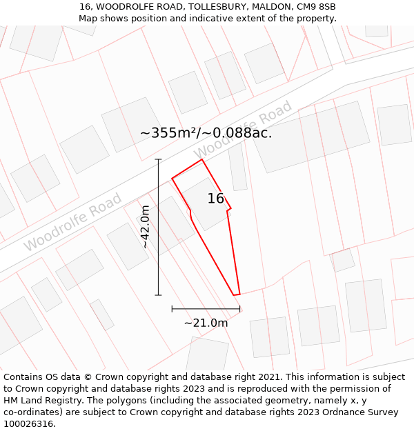 16, WOODROLFE ROAD, TOLLESBURY, MALDON, CM9 8SB: Plot and title map