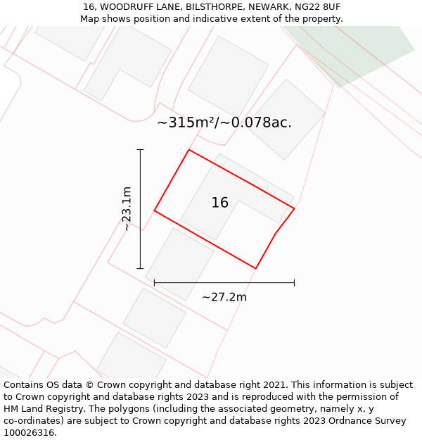 16, WOODRUFF LANE, BILSTHORPE, NEWARK, NG22 8UF: Plot and title map