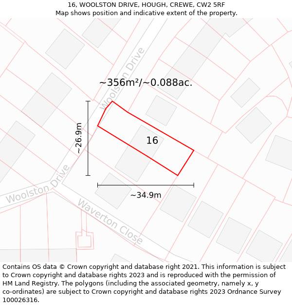 16, WOOLSTON DRIVE, HOUGH, CREWE, CW2 5RF: Plot and title map