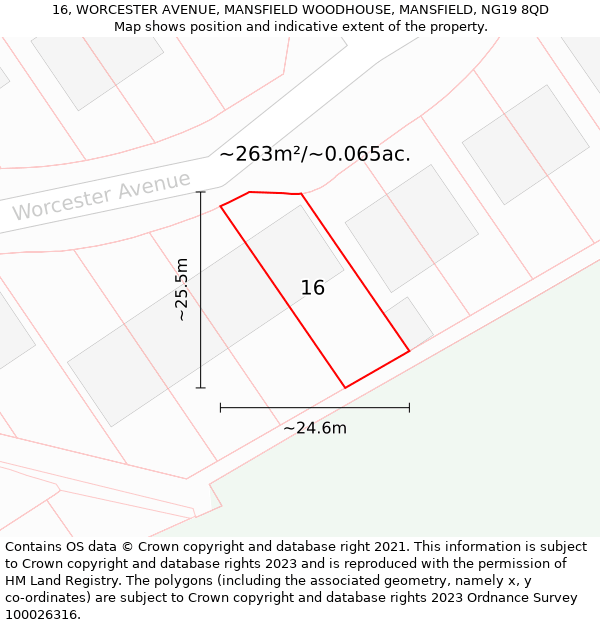 16, WORCESTER AVENUE, MANSFIELD WOODHOUSE, MANSFIELD, NG19 8QD: Plot and title map