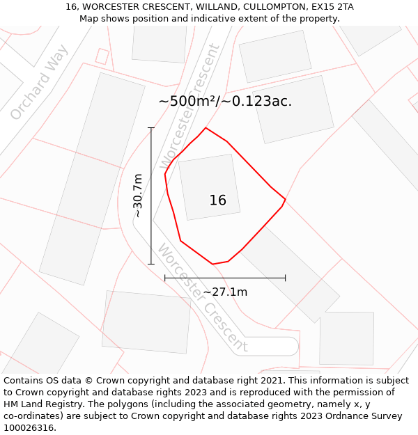 16, WORCESTER CRESCENT, WILLAND, CULLOMPTON, EX15 2TA: Plot and title map