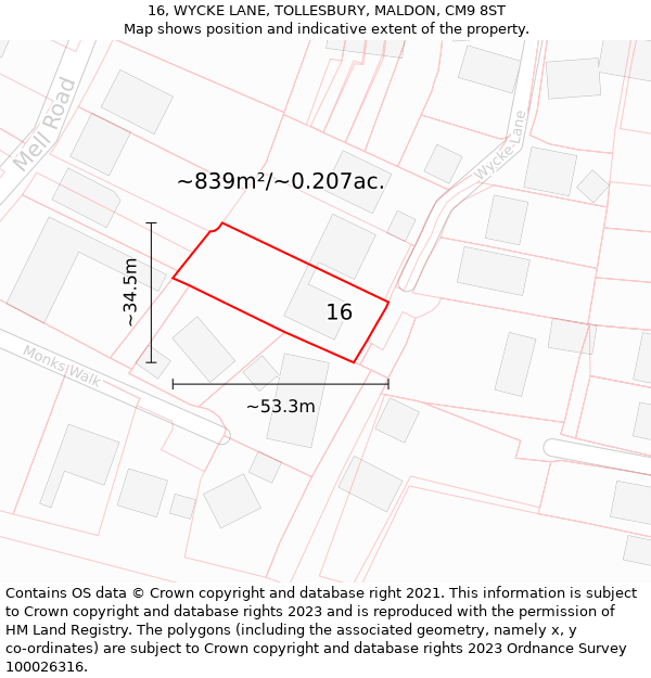 16, WYCKE LANE, TOLLESBURY, MALDON, CM9 8ST: Plot and title map