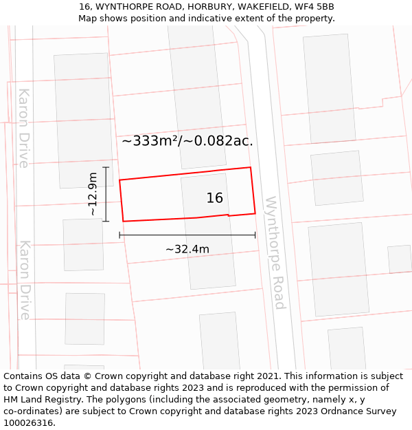 16, WYNTHORPE ROAD, HORBURY, WAKEFIELD, WF4 5BB: Plot and title map