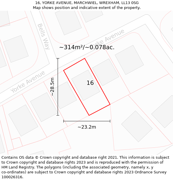 16, YORKE AVENUE, MARCHWIEL, WREXHAM, LL13 0SG: Plot and title map