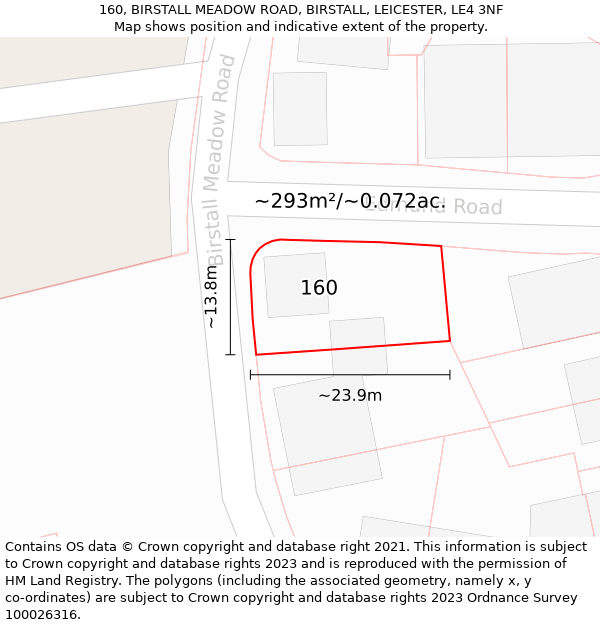 160, BIRSTALL MEADOW ROAD, BIRSTALL, LEICESTER, LE4 3NF: Plot and title map
