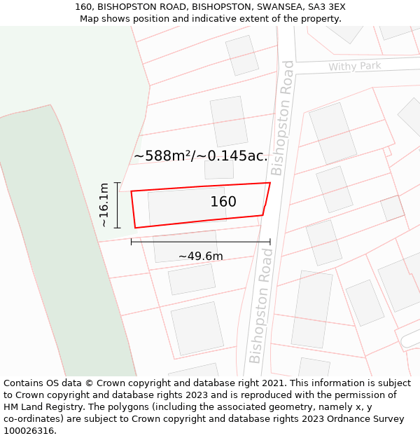 160, BISHOPSTON ROAD, BISHOPSTON, SWANSEA, SA3 3EX: Plot and title map