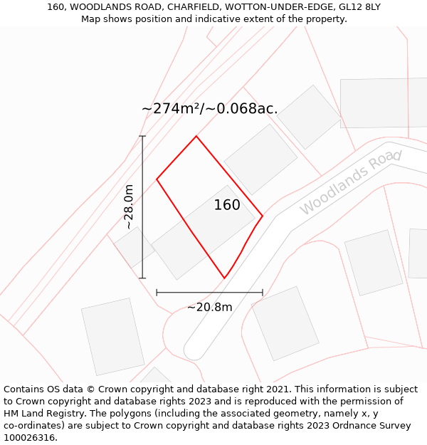 160, WOODLANDS ROAD, CHARFIELD, WOTTON-UNDER-EDGE, GL12 8LY: Plot and title map