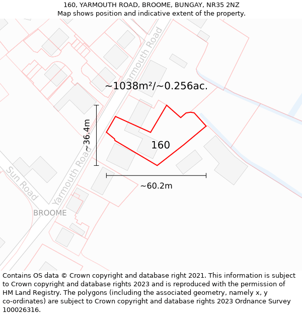 160, YARMOUTH ROAD, BROOME, BUNGAY, NR35 2NZ: Plot and title map