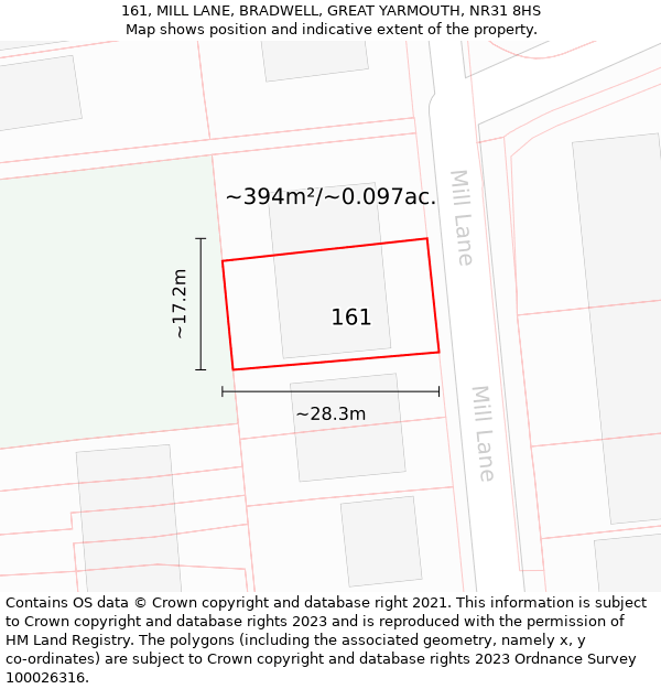 161, MILL LANE, BRADWELL, GREAT YARMOUTH, NR31 8HS: Plot and title map