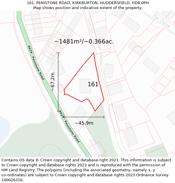 161, PENISTONE ROAD, KIRKBURTON, HUDDERSFIELD, HD8 0PH: Plot and title map