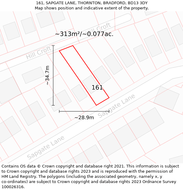 161, SAPGATE LANE, THORNTON, BRADFORD, BD13 3DY: Plot and title map