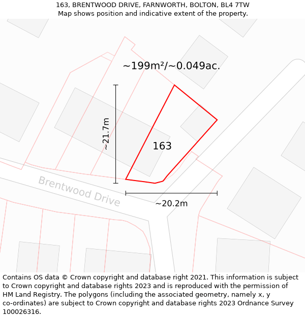 163, BRENTWOOD DRIVE, FARNWORTH, BOLTON, BL4 7TW: Plot and title map