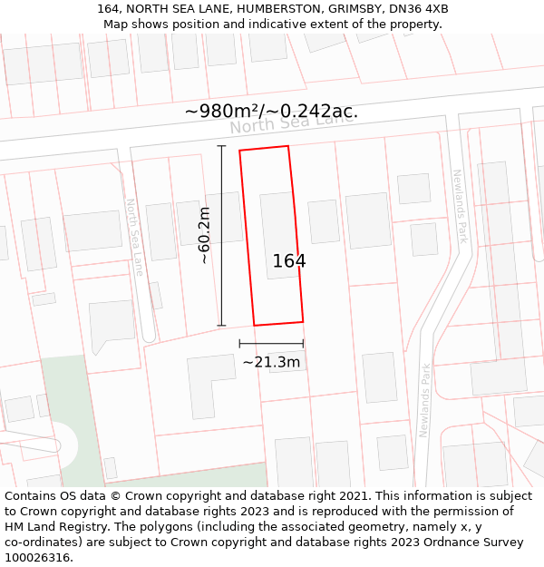 164, NORTH SEA LANE, HUMBERSTON, GRIMSBY, DN36 4XB: Plot and title map