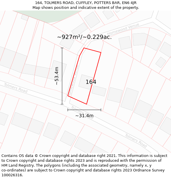 164, TOLMERS ROAD, CUFFLEY, POTTERS BAR, EN6 4JR: Plot and title map