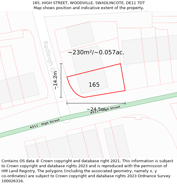 165, HIGH STREET, WOODVILLE, SWADLINCOTE, DE11 7DT: Plot and title map