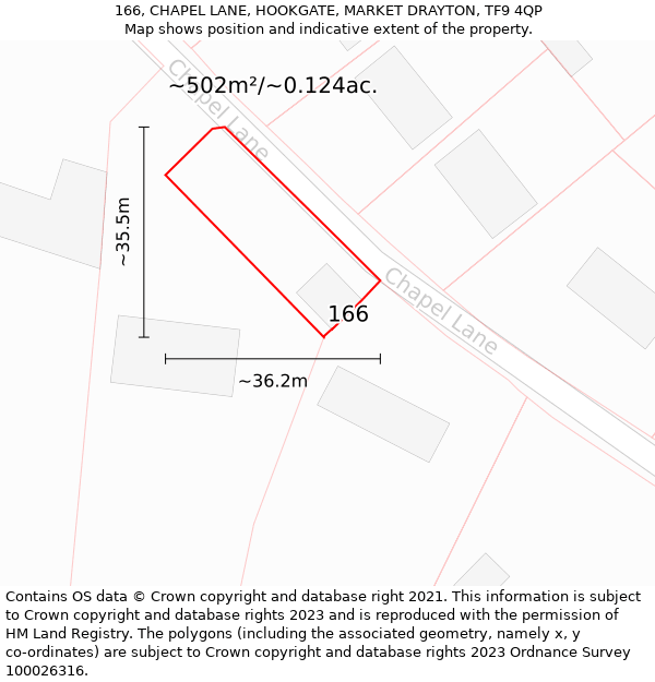 166, CHAPEL LANE, HOOKGATE, MARKET DRAYTON, TF9 4QP: Plot and title map