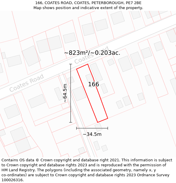 166, COATES ROAD, COATES, PETERBOROUGH, PE7 2BE: Plot and title map