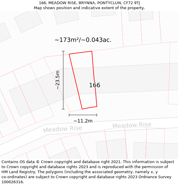 166, MEADOW RISE, BRYNNA, PONTYCLUN, CF72 9TJ: Plot and title map