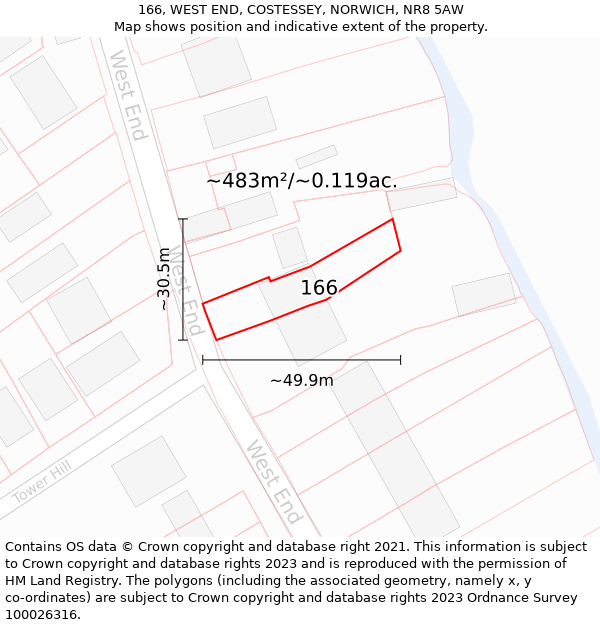 166, WEST END, COSTESSEY, NORWICH, NR8 5AW: Plot and title map