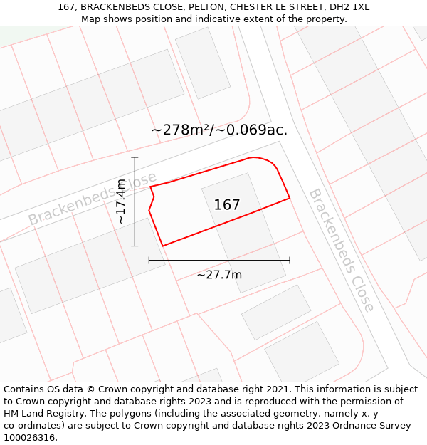 167, BRACKENBEDS CLOSE, PELTON, CHESTER LE STREET, DH2 1XL: Plot and title map