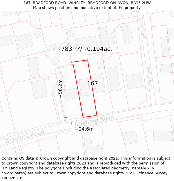 167, BRADFORD ROAD, WINSLEY, BRADFORD-ON-AVON, BA15 2HW: Plot and title map