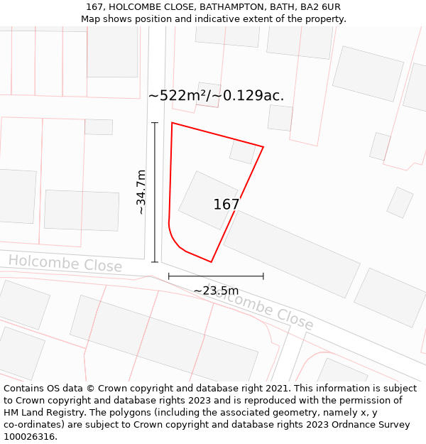 167, HOLCOMBE CLOSE, BATHAMPTON, BATH, BA2 6UR: Plot and title map