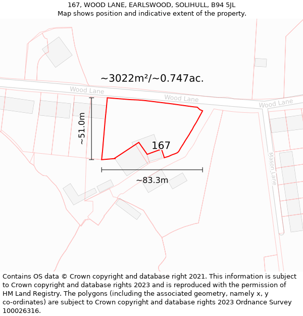 167, WOOD LANE, EARLSWOOD, SOLIHULL, B94 5JL: Plot and title map