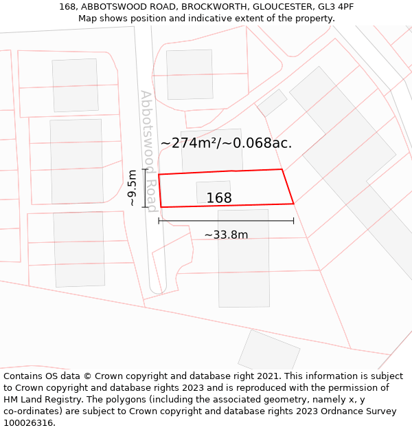 168, ABBOTSWOOD ROAD, BROCKWORTH, GLOUCESTER, GL3 4PF: Plot and title map