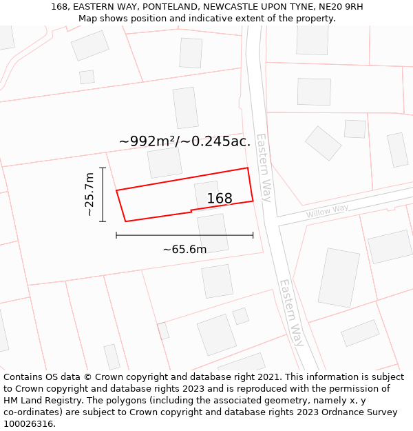 168, EASTERN WAY, PONTELAND, NEWCASTLE UPON TYNE, NE20 9RH: Plot and title map