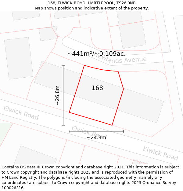 168, ELWICK ROAD, HARTLEPOOL, TS26 9NR: Plot and title map