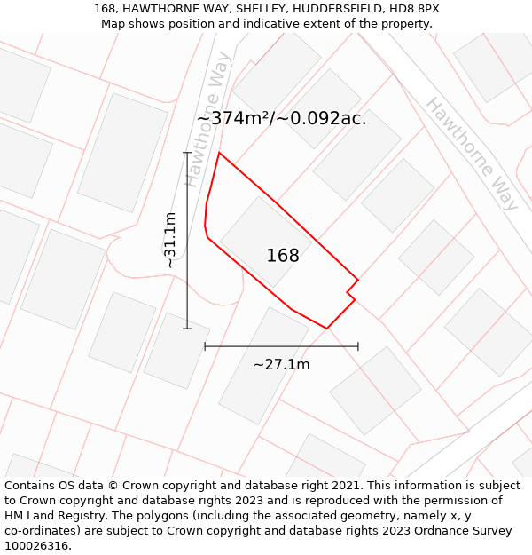168, HAWTHORNE WAY, SHELLEY, HUDDERSFIELD, HD8 8PX: Plot and title map