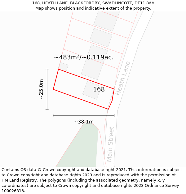 168, HEATH LANE, BLACKFORDBY, SWADLINCOTE, DE11 8AA: Plot and title map