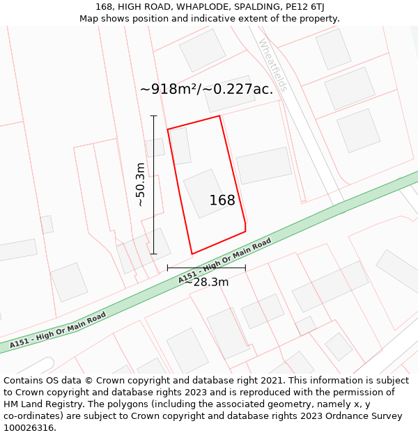 168, HIGH ROAD, WHAPLODE, SPALDING, PE12 6TJ: Plot and title map