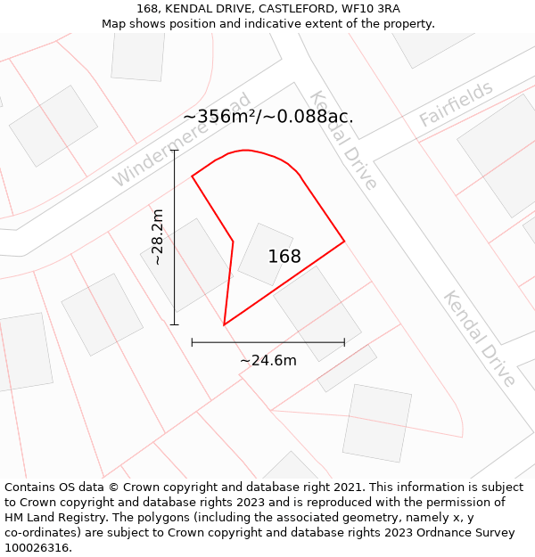 168, KENDAL DRIVE, CASTLEFORD, WF10 3RA: Plot and title map