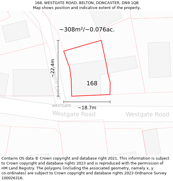 168, WESTGATE ROAD, BELTON, DONCASTER, DN9 1QB: Plot and title map