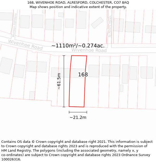 168, WIVENHOE ROAD, ALRESFORD, COLCHESTER, CO7 8AQ: Plot and title map