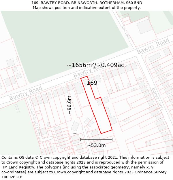 169, BAWTRY ROAD, BRINSWORTH, ROTHERHAM, S60 5ND: Plot and title map