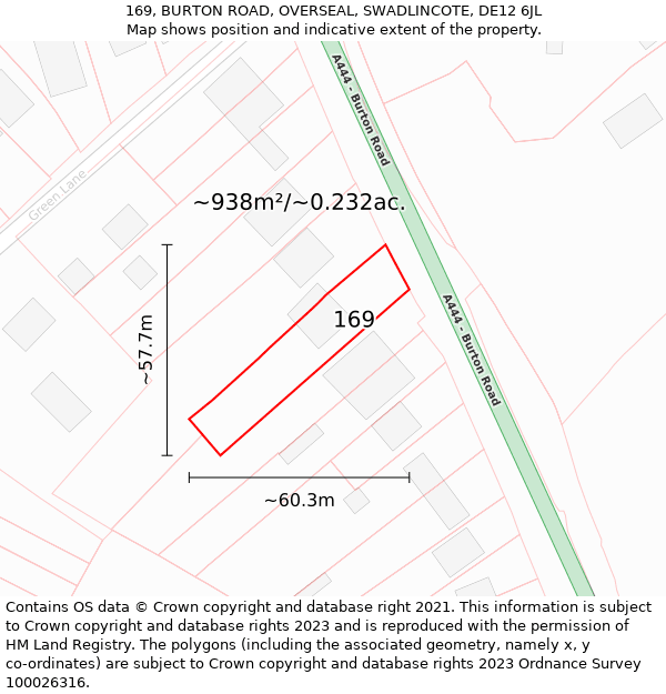 169, BURTON ROAD, OVERSEAL, SWADLINCOTE, DE12 6JL: Plot and title map