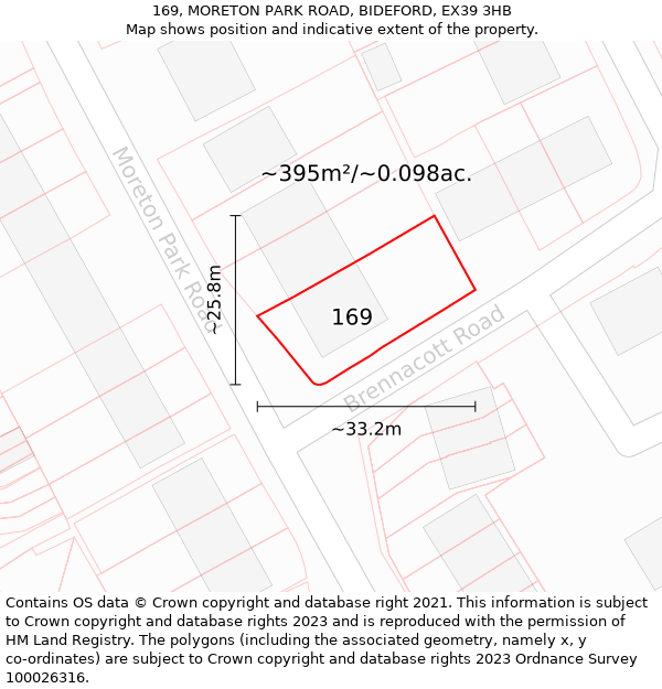 169, MORETON PARK ROAD, BIDEFORD, EX39 3HB: Plot and title map