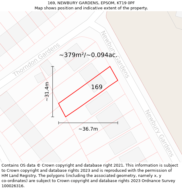 169, NEWBURY GARDENS, EPSOM, KT19 0PF: Plot and title map