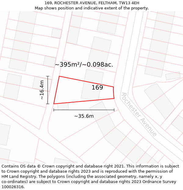 169, ROCHESTER AVENUE, FELTHAM, TW13 4EH: Plot and title map