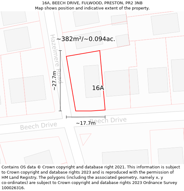 16A, BEECH DRIVE, FULWOOD, PRESTON, PR2 3NB: Plot and title map