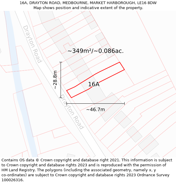 16A, DRAYTON ROAD, MEDBOURNE, MARKET HARBOROUGH, LE16 8DW: Plot and title map