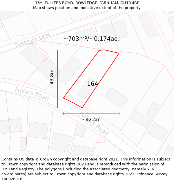 16A, FULLERS ROAD, ROWLEDGE, FARNHAM, GU10 4BP: Plot and title map