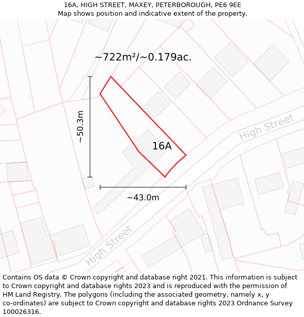 16A, HIGH STREET, MAXEY, PETERBOROUGH, PE6 9EE: Plot and title map